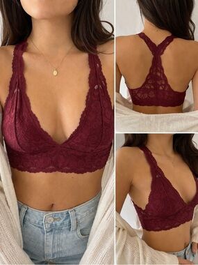 Burgundy Lace Bralette Racerback Floral Stretch Wireless Bra Size M